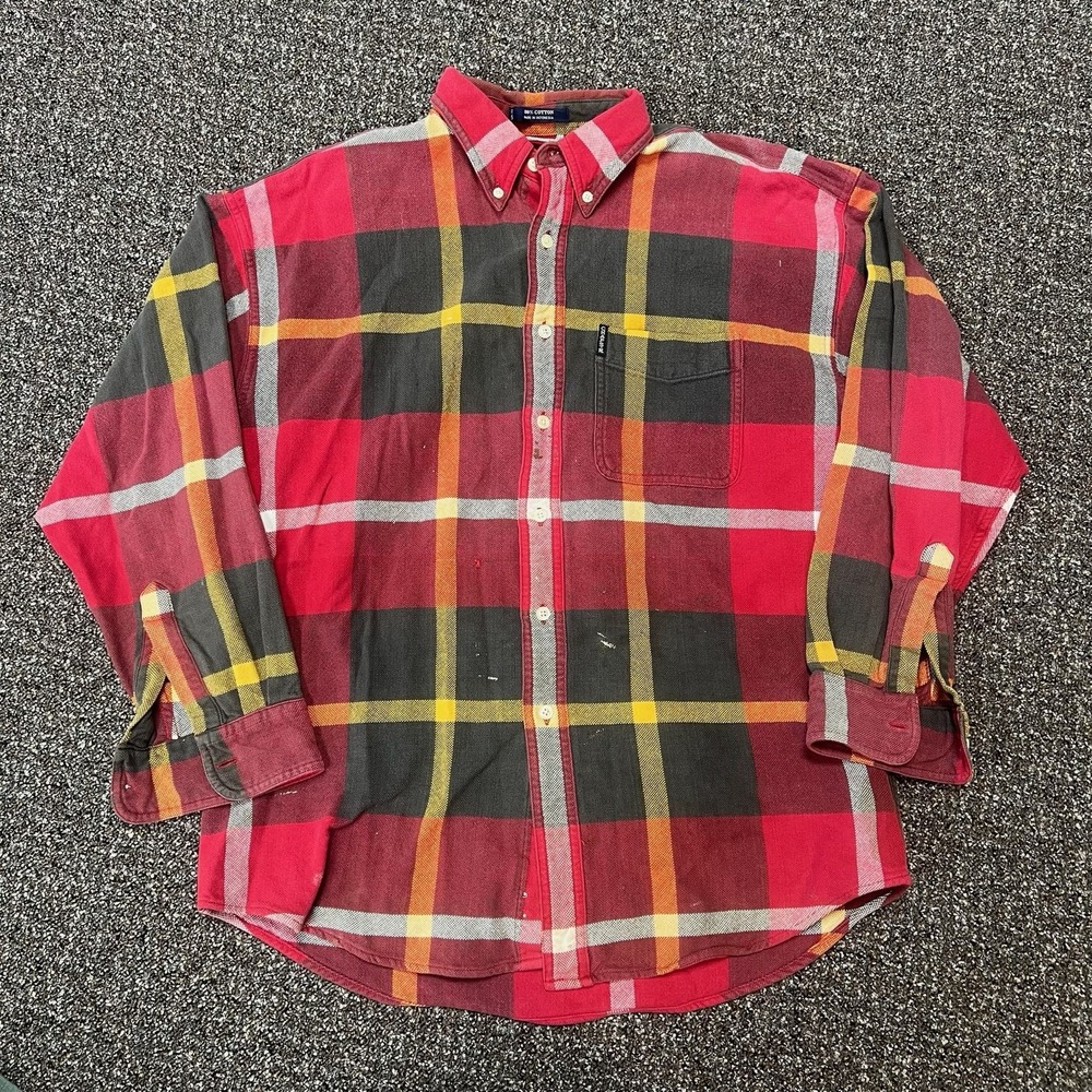Ralph Lauren Chaps Buttton Down Flannel Shirt Plaid Red Vintage Cotton Large